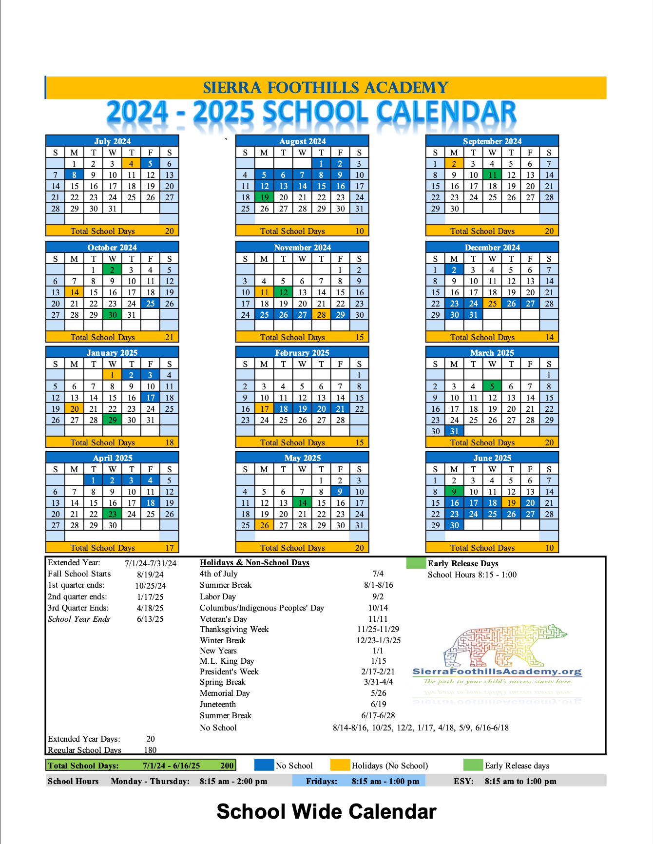 20242025 School Calendar Sierra Foothills Academy